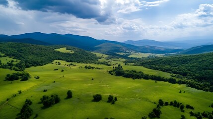 Vast Green Landscape View from Above with Lush Vegetation Against the Backdrop of Rolling Mountains : Generative AI