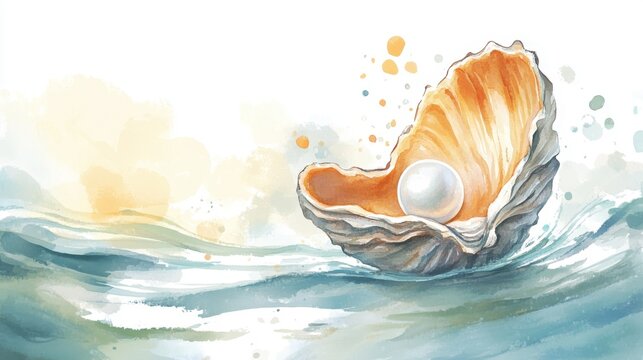 A beautifully illustrated oyster shell cradling a lustrous pearl, surrounded by soft waves in a soothing palette, symbolizing elegance and beauty.