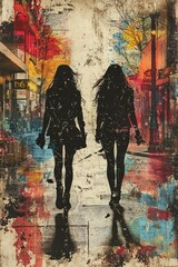 Obraz premium Silhouettes of Women Walking on Vibrant Street with Urban Artistic Background