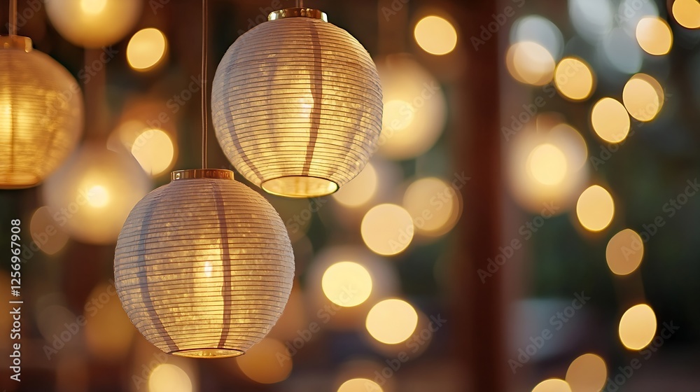 Poster elegant hanging paper lanterns glowing warmly surrounded by beautiful blurred lights in the backgrou