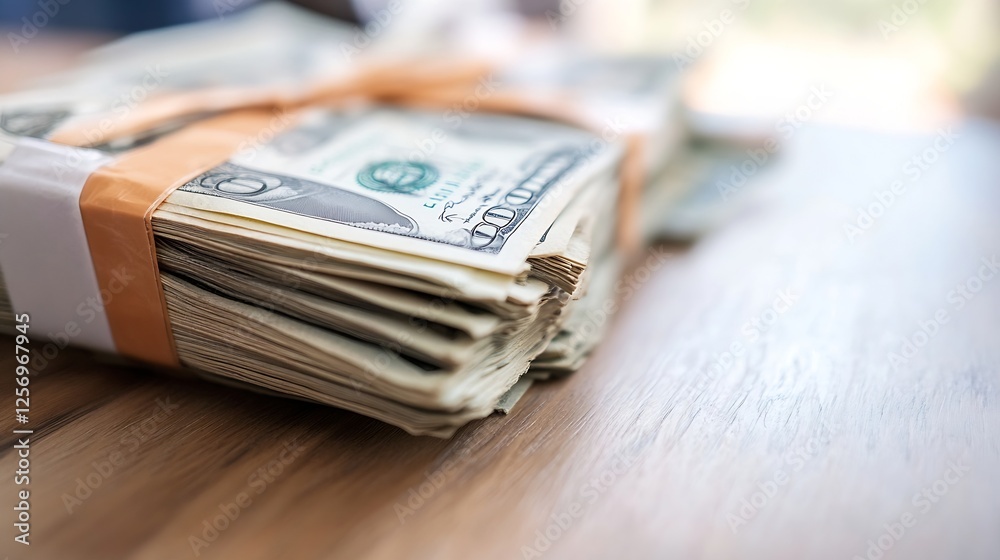 Aufkleber Neatly bound stack of dollar bills wrapped in a band resting peacefully on a wooden surface : Generative AI