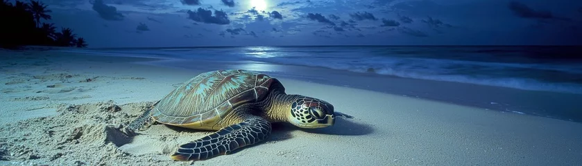A serene night scene featuring a sea turtle on a sandy beach under the moonlight, with gentle waves lapping at the shore, capturing nature's tranquility. © pingpao