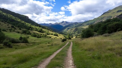 Naklejka premium Expansive scenic view of a peaceful rural valley surrounded by majestic mountains and lush greenery : Generative AI