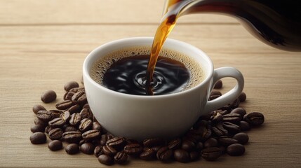 Close up of hot black coffee being poured into a coffee cup with steam rising in a cozy setting