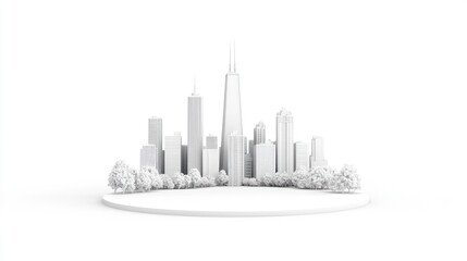 Fototapeta premium Minimalist city skyline featuring iconic skyscrapers and trees against a white background