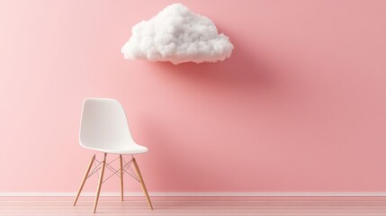 White chair, pink wall, cloud; calm room interior design