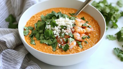 Bowl of shrimp and tomato soup with spoon on table in studio lighting showcasing curry shrimp details