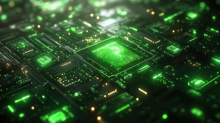 Obraz premium Green glowing CPU circuit board, tech background, digital future