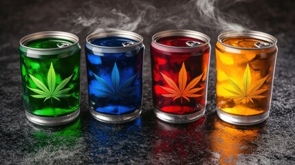 Marijuana in glass with smoke alongside cannabis-themed beverage cans on a table