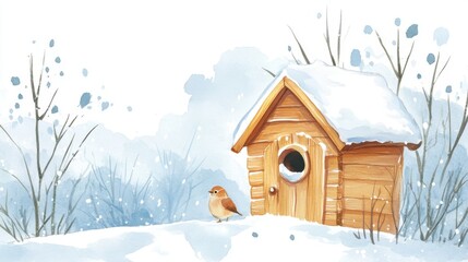 A cozy birdhouse nestled in a snowy landscape, accompanied by a small bird. The scene captures the essence of winter wildlife and serenity.