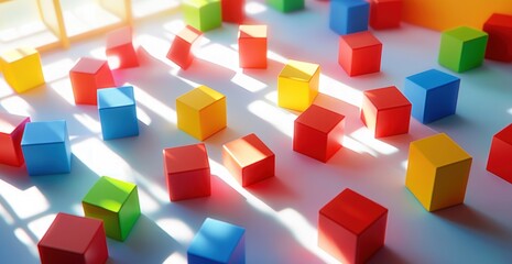 Obraz premium Colorful building blocks scattered on a bright surface with sunlight casting shadows