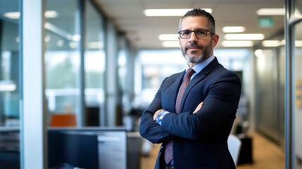 Obraz premium Confident professional man standing in an office environment displaying success and leadership through his poised stance : Generative AI