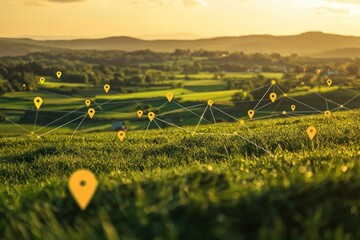 A landscape view of idyllic countryside with yellow pins or icons representing the location and distance between various areas, interconnected by lines to symbolize global network technology. 