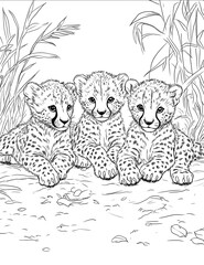 Obraz premium line art style coloring page of 3 cheetah playing make sure paws are correct This is a coloring page The design should be simple and suitable for a 4 year old