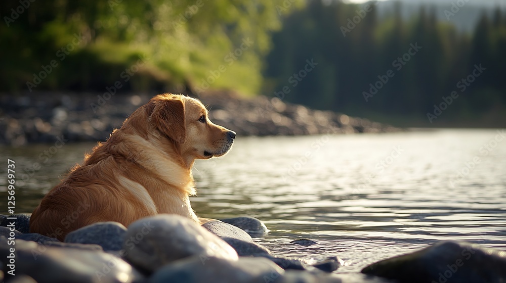 Poster serene golden retriever resting by calm lake surrounded by lush greenery in beautiful natural settin