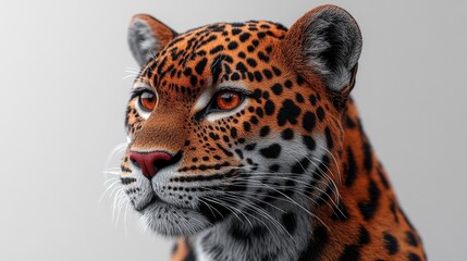 Naklejka premium Realistic portrait of a jaguar showcasing its vibrant fur and piercing gaze against a neutral background