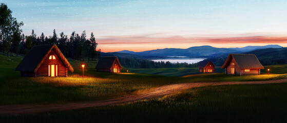A serene landscape featuring cozy cabins illuminated at dusk, surrounded by lush greenery and a tranquil lake reflecting the sunset.