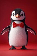 Fototapeta premium Adorable Penguin with Red Bowtie on Vibrant Red Background