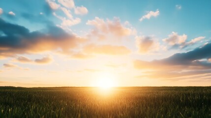 Breathtaking landscape view of a sunrise over a grassy field with colorful skies and soft clouds : Generative AI