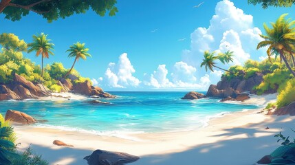 Tropical beach cove, sunny day, calm ocean, palm trees, background clouds, idyllic vacation