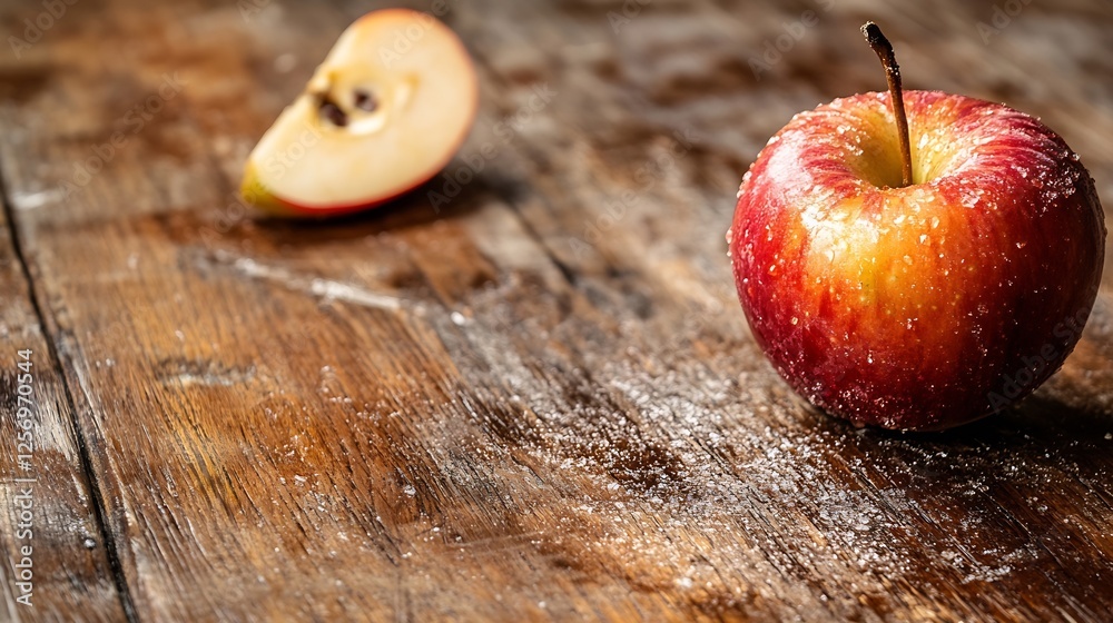Poster beautiful red apple with a slice resting on rustic wooden surface sprinkled with sugar : generative 