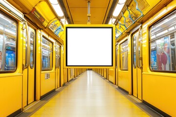 Blank billboard placed inside a yellow subway train, city view visible through the windows during daylight.
