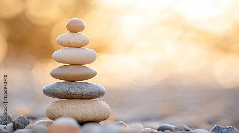 Aufkleber Serene image of stacked stones symbolizing calmness and balance in nature amidst a blurred background : Generative AI