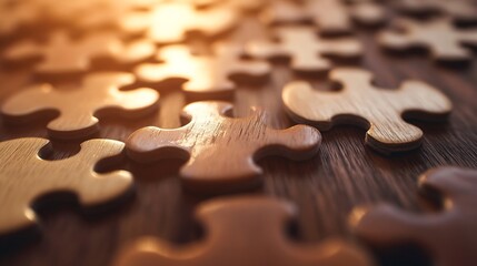 Close up of wooden puzzle pieces scattered on a surface representing connection and problem solving : Generative AI