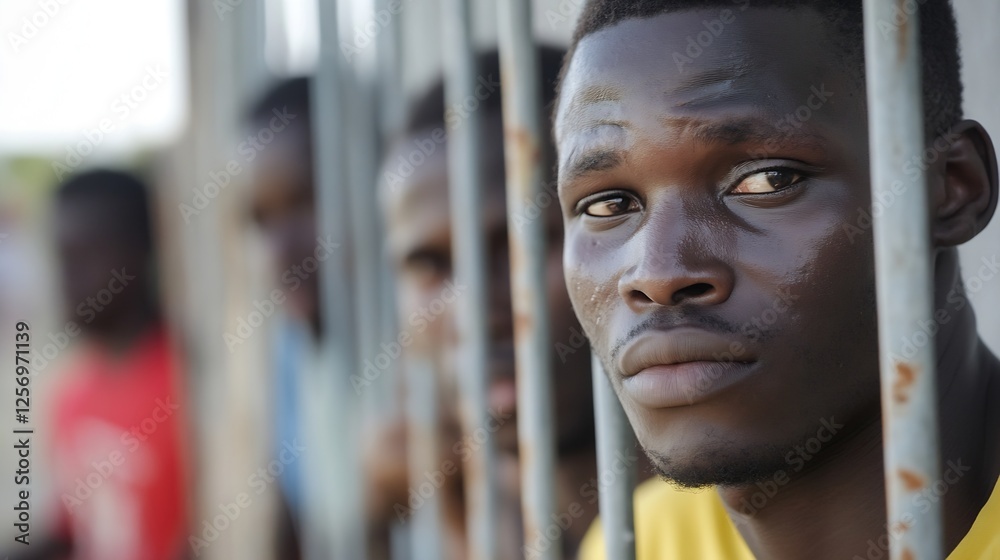 Poster portrait of a young man through bars illustrating narratives of hope and perseverance in difficult t