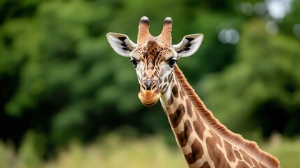 Obraz premium Closeup of a majestic giraffe face with large eyes and distinct patterns standing in a natural setting : Generative AI