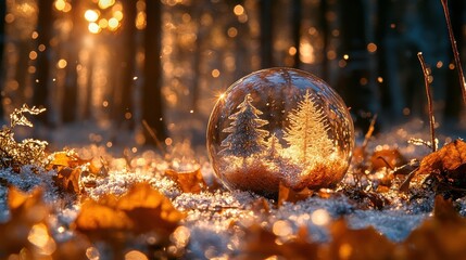 Winter forest sunrise, lensball reflecting trees