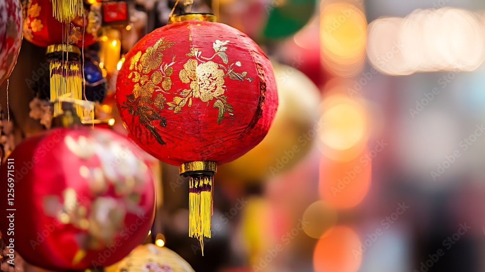 Poster Vibrant Chinese lanterns hanging with intricate designs creating a festive atmosphere : Generative AI