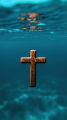 Wooden cross submerged in tranquil waters.