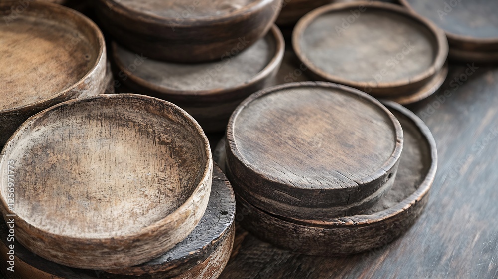Poster A set of rustic wooden plates arranged aesthetically on a textured surface : Generative AI