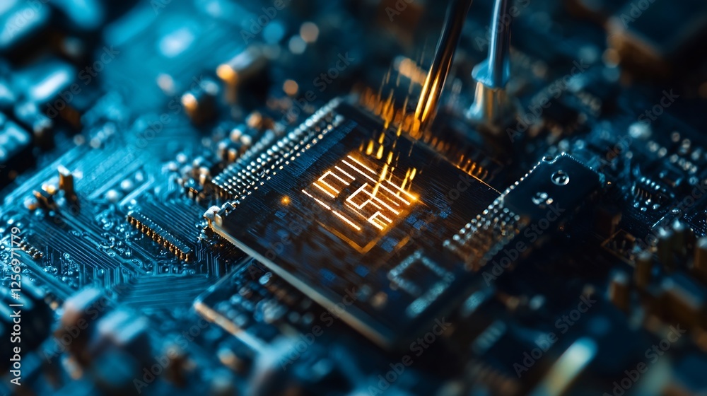 Fototapete hightech motherboard with microcontroller components featuring intricate designs and leds : generati