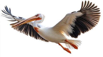Fototapeta premium Majestic pelican soaring through the sky with outstretched wings against a white background
