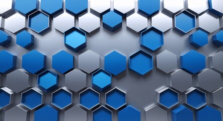 Fototapeta premium Silver background with blue random hexagons shapes abstract backdrop illustration