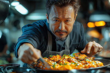 Professional Chef Plating a Dish | Culinary Expertise in a Modern Kitchen with Fresh Ingredients and Artistic Presentation