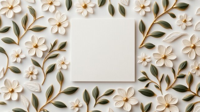 A beautifully arranged floral background featuring white flowers and green leaves surrounding a blank square for customization.