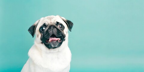 Happy Pug Dog with Playful Expression on Turquoise Background