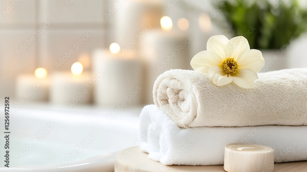 Fototapete Serene spa setup with soft towels and candles creating a calming atmosphere for relaxation : Generative AI