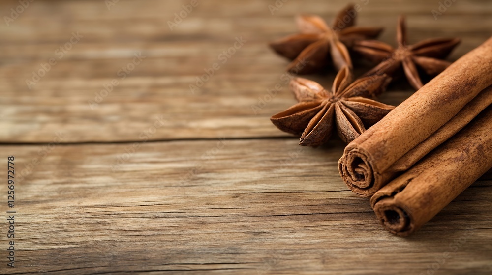 Poster natural composition of aromatic cinnamon sticks and star anise on rustic wooden table : generative a
