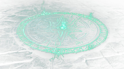 a green glowing compass on a stone floor