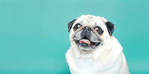 Happy Pug Dog with Playful Expression on Turquoise Background