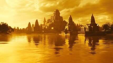 Fototapeta premium Golden Sunset over Ancient Khmer Temples Reflected in Calm Water