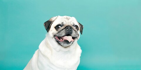 Happy Pug Dog with Playful Expression on Turquoise Background