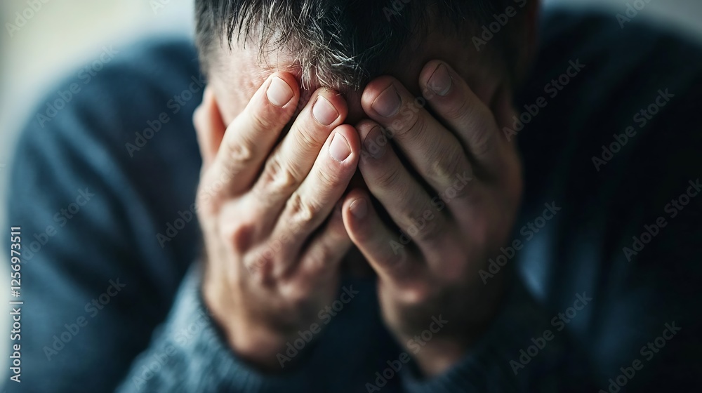 Poster man sitting with head in hands expressing deep emotional pain and distress : generative ai