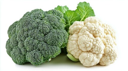 Fresh Broccoli and Cauliflower Heads on a White Background