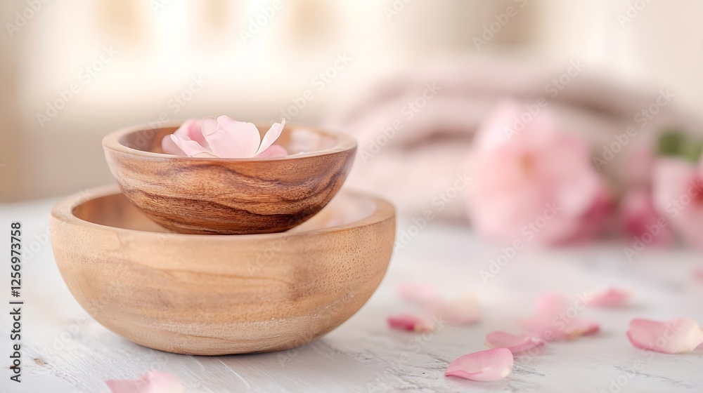 Poster elegant wooden bowls filled with rose petals creating a serene and calming atmosphere : generative a