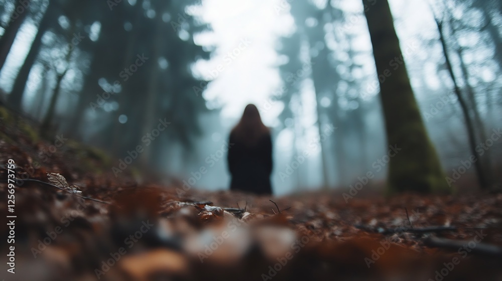 Poster Mysterious Forest Pathway with Blurred Figure in Foggy Woodland Background : Generative AI